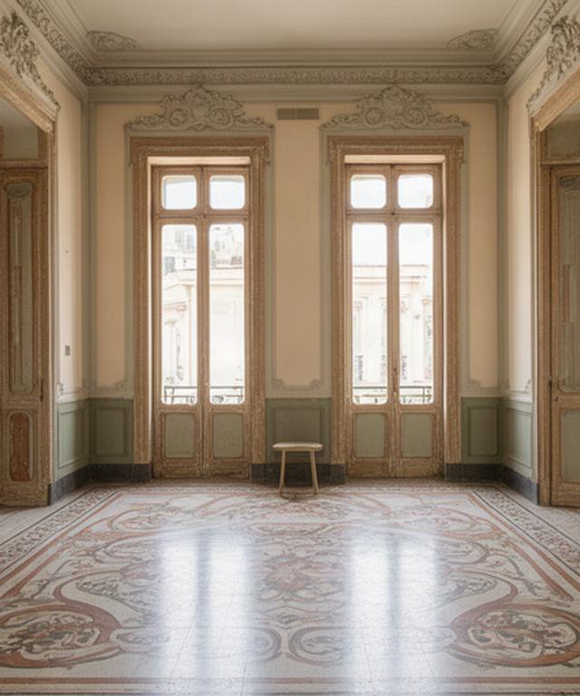 Interno di una villa Liberty a Palermo con pavimento decorato, pareti chiare e infissi restaurati
