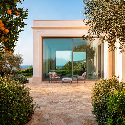 Casa costiera siciliana con patio in pietra, grandi vetrate e vista sul giardino mediterraneo