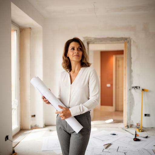 Architetta con planimetrie davanti a una ristrutturazione residenziale luminosa