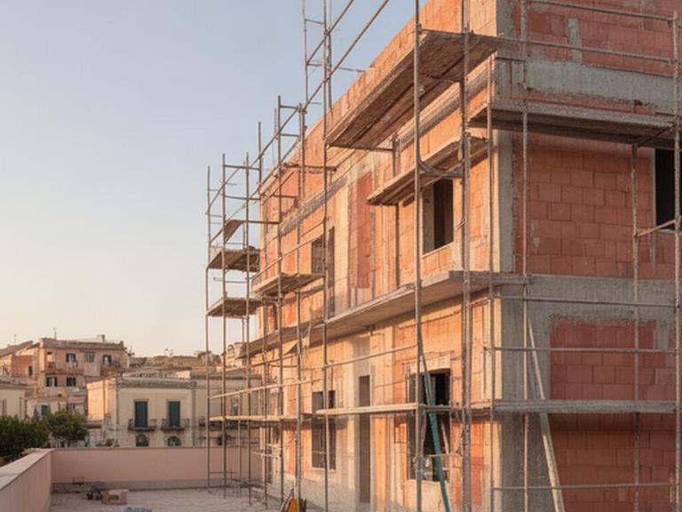 Cantiere residenziale a Palermo con struttura in costruzione e luce calda sulle facciate