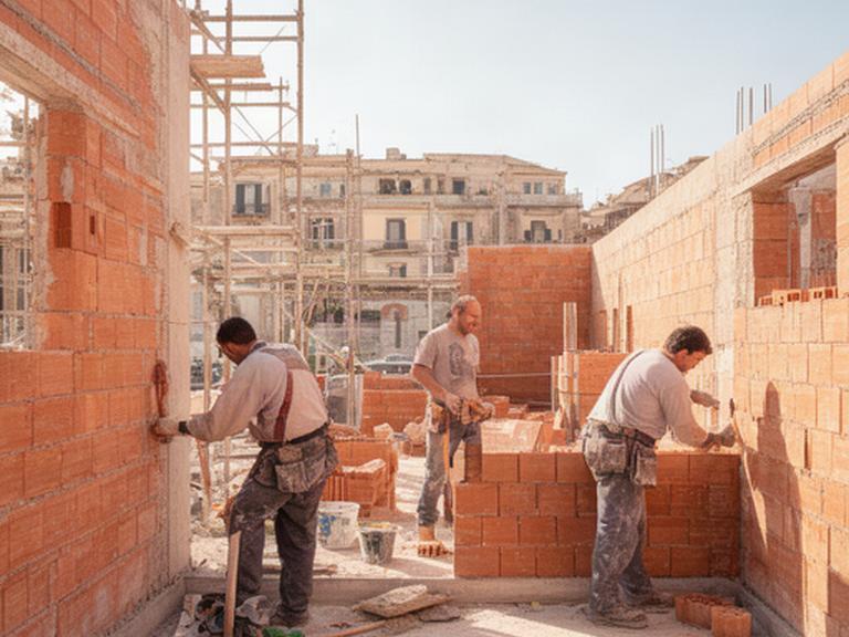 Squadra di costruzione al lavoro in un cantiere residenziale di Palermo, con muratura in laterizio e luce siciliana