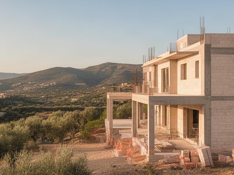Cantiere residenziale a Palermo con struttura in calcestruzzo, muratura chiara e vista sulle colline siciliane
