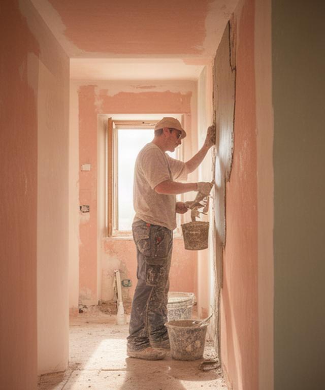 Cantiere residenziale a Palermo con muratore al lavoro su una parete interna illuminata