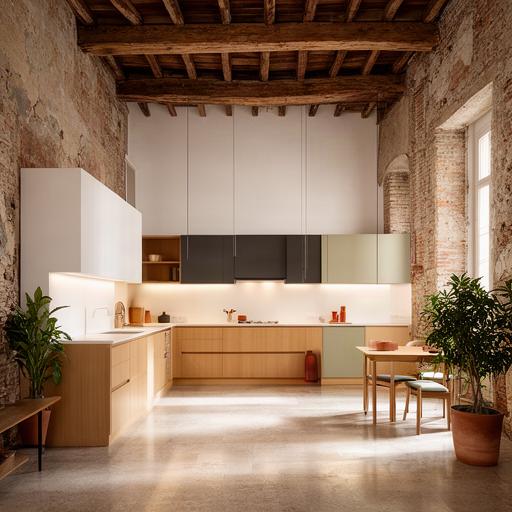 Loft ristrutturato in Via Roma a Palermo con cucina lineare, travi a vista e pareti in muratura