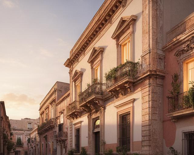 Facciata ristrutturata di una villa palermitana con balconi in pietra e luce calda del tramonto
