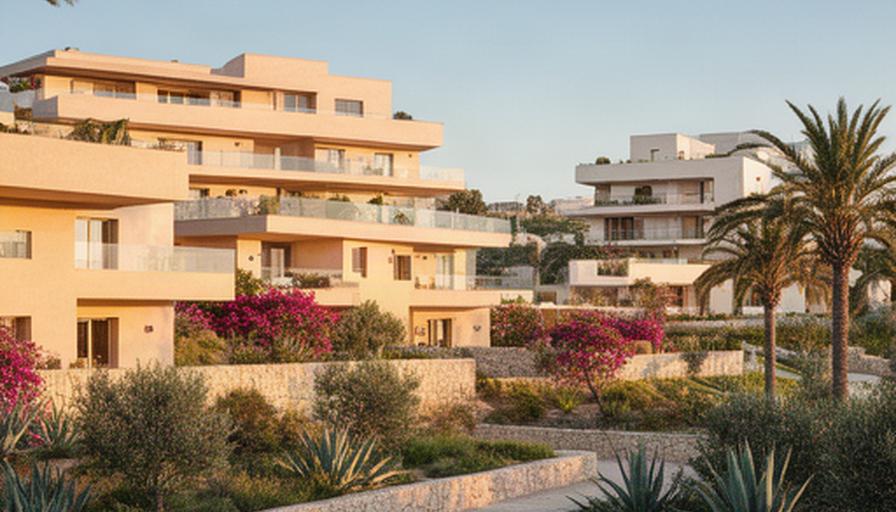 Nuovo residence residenziale vicino Palermo con facciate color sabbia, terrazze e vegetazione mediterranea